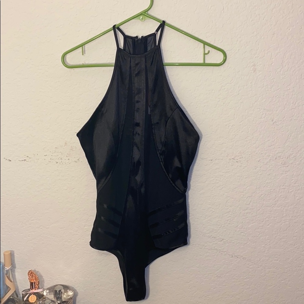 Black Silk Bodysuit with Mesh See Through
